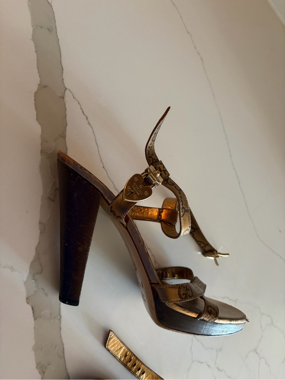 Gucci Metallic Bronze GG Logo Strappy Heels - Picture 7 of 7